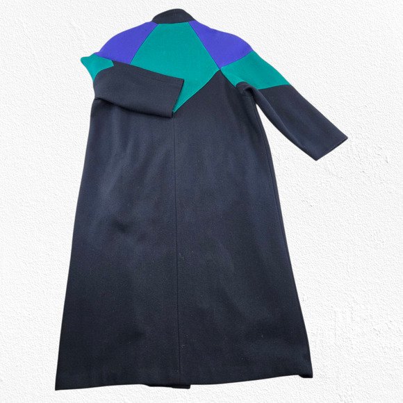 Vintage 80s Colorblock Wool Coat Blue Green Black Beau Brem Overcoat Size 16 - Picture 12 of 12